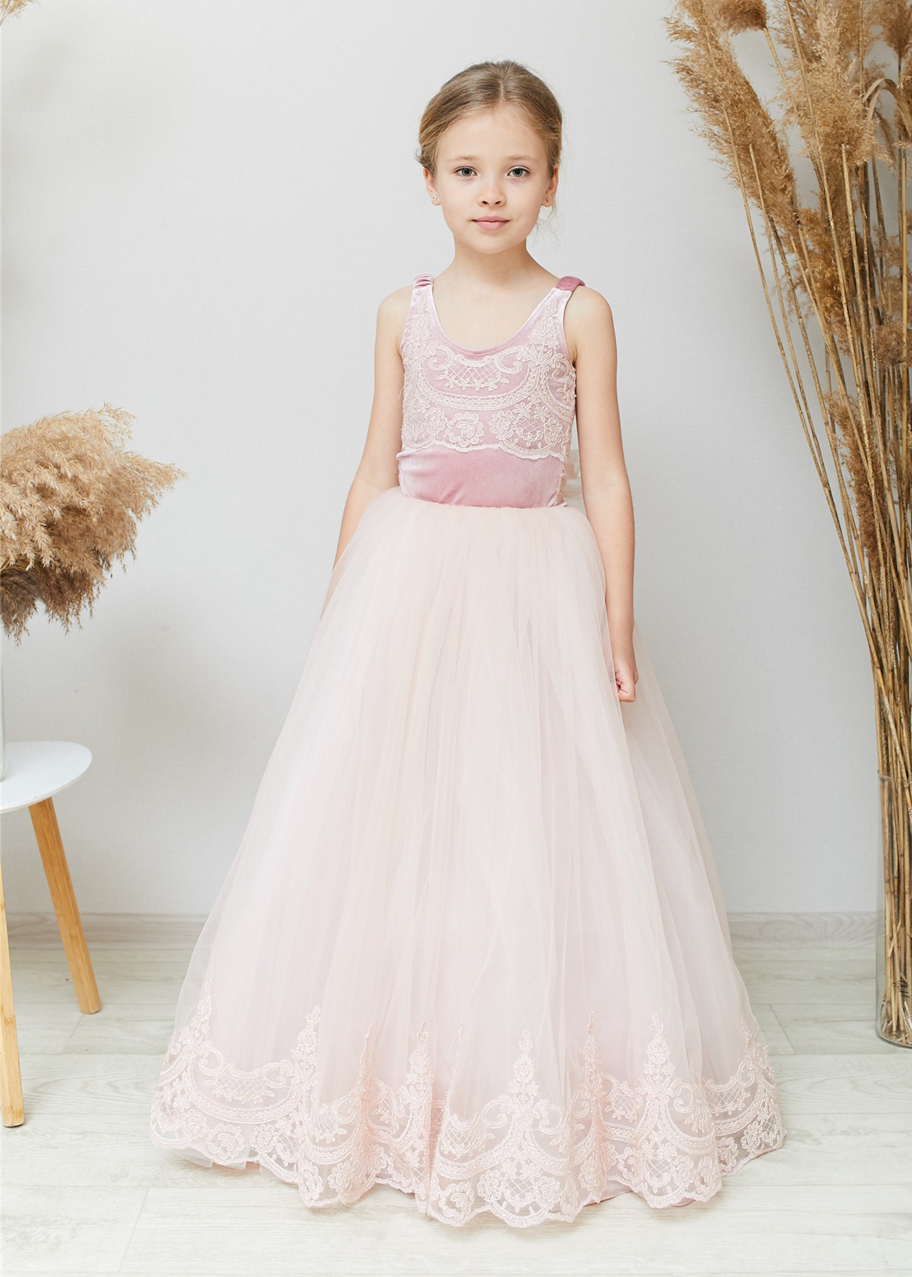 Scoop Neckline V-Back Floor-length Flower Girl Dress Ivory